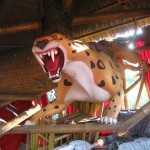 The sculpture of an angry tiger in Tarzan's tree house