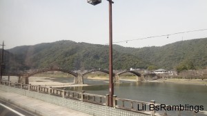 Kintai Bridge as seen through my bus window showing four of five arches.