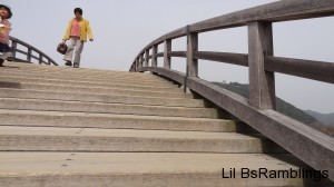 A lady and child coming down wooden stairs on the bridge in a photo taken from the floor of the bridge looking up.