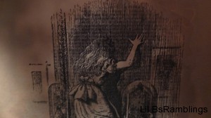 A "aged" image of Alice leaning against a door surrounded by clocks.