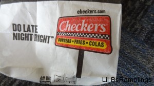 The logo on a Checkers take out bag advertising burgers-fries-colas